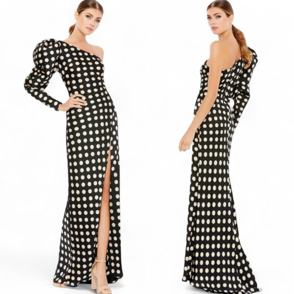Black Ivory Polka Dot One Shoulder Gown Slit Dainty Old Money Romantic Glam, 0